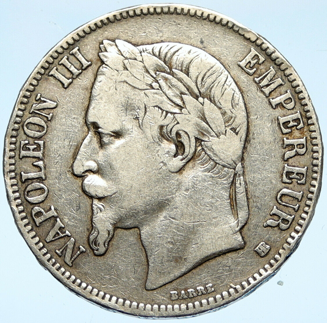 1869 FRANCE Emperor NAPOLEON III Crowned ARMS Silver 5 Francs French Coin i99712