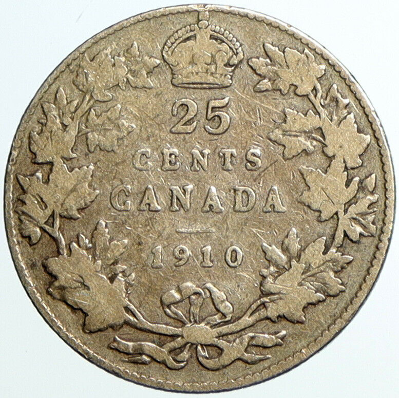 1910 CANADA UK King Edward VII w Crown OLD Antique Silver 25 Cents Coin i101602