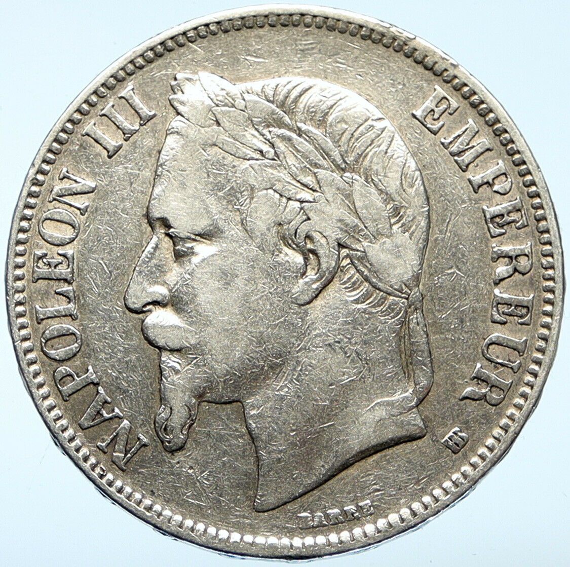 1869 FRANCE Emperor NAPOLEON III Crowned ARMS Silver 5 Francs French Coin i99702