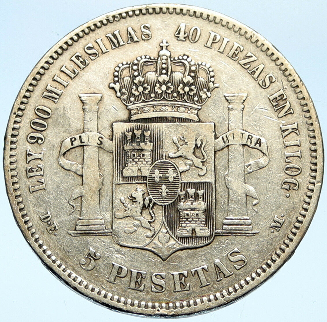 1875 SPAIN w King ALFONSO XII Antique OLD Silver 5 Pesetas SPANISH Coin i99706