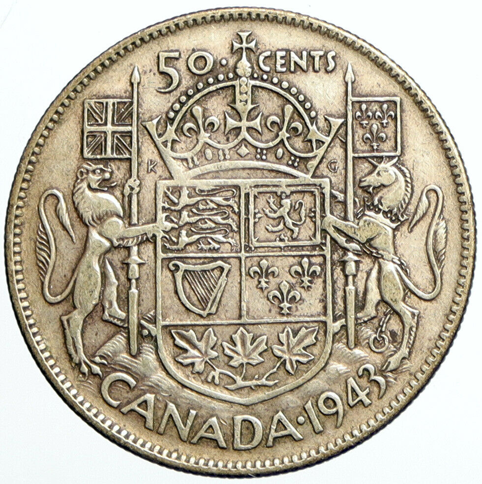 1943 CANADA UK King GEORGE VI Lions Crown Large Old SILVER 50 Cents Coin i101603