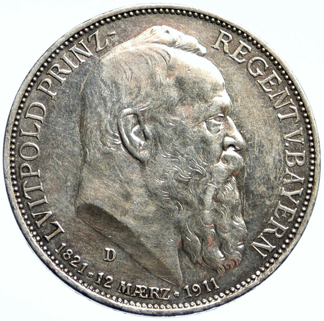 1911 GERMANY Bavaria Otto I w PRINCE LUITPOLD Antique Silver 3 Marks Coin i99573