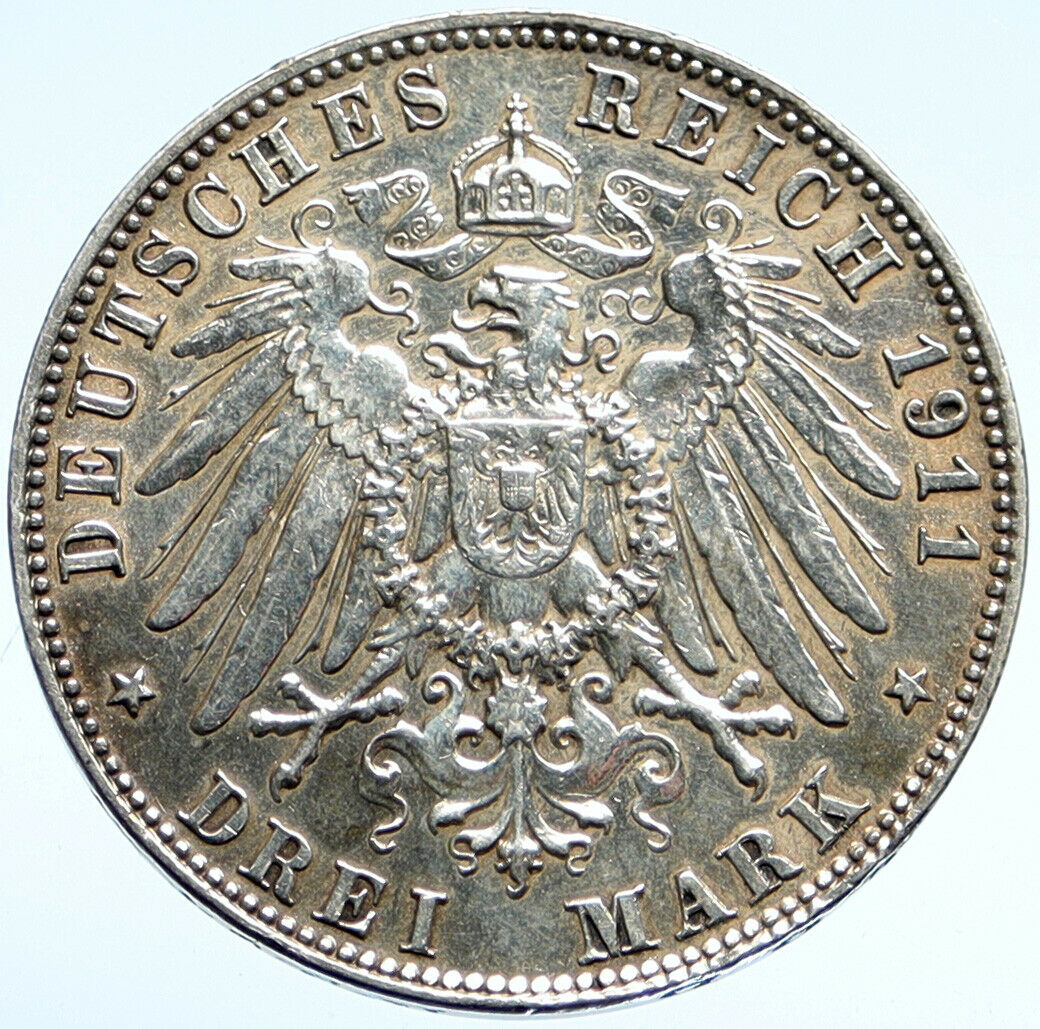 1911 GERMANY Bavaria Otto I w PRINCE LUITPOLD Antique Silver 3 Marks Coin i99573