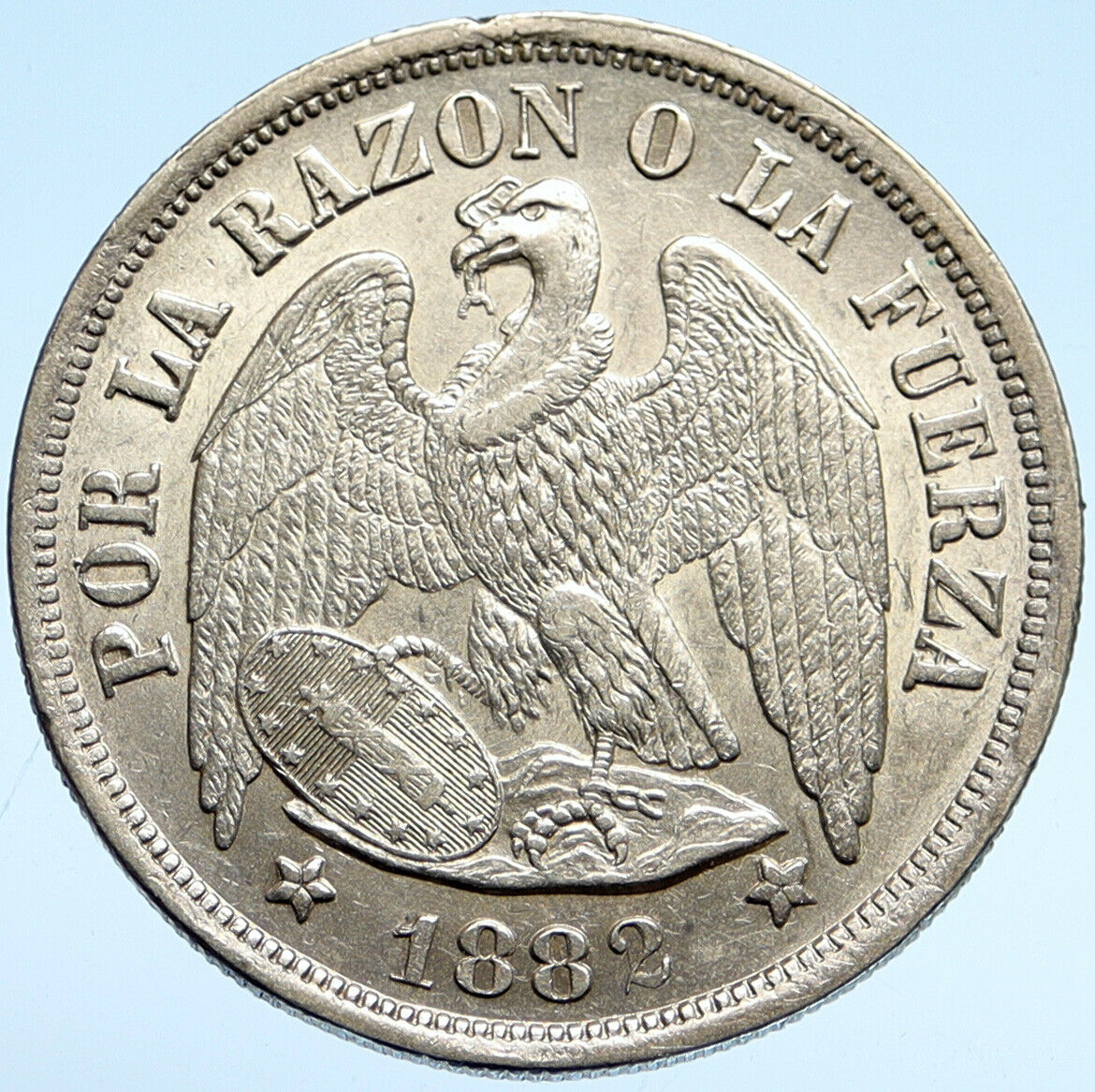 1882 CHILE Condor Bird ANTIQUE OLD Large Silver South American Peso Coin i99574