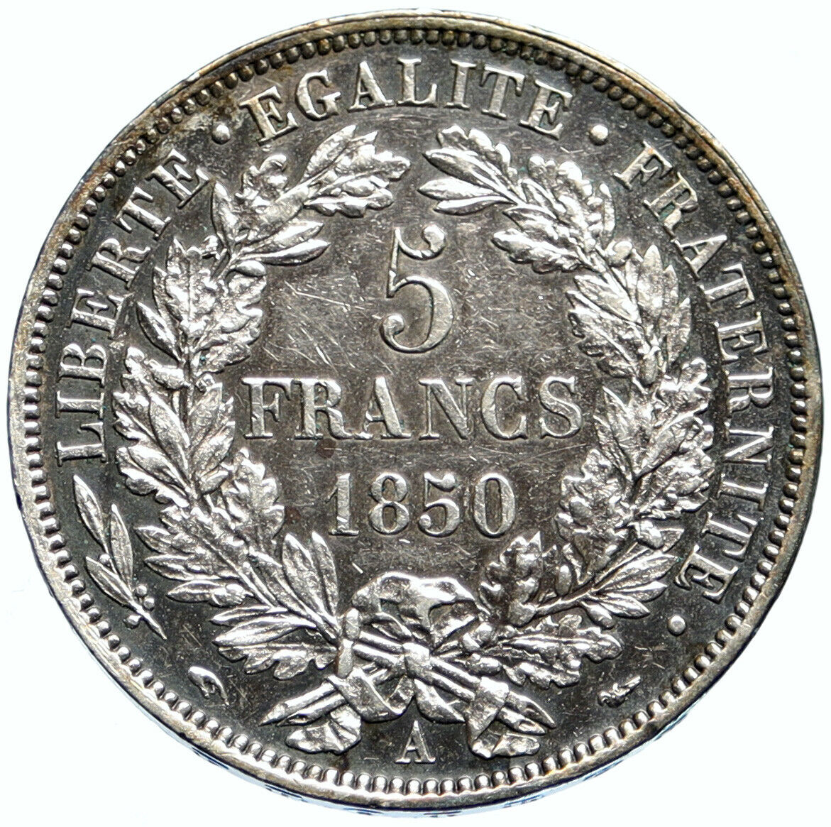 1850 A FRANCE Antique LIBERTY Wreath VINTAGE Silver 5 Franc French Coin i99578