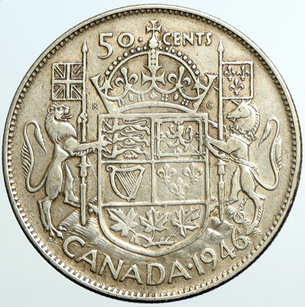 1946 CANADA WWII Time UK King GEORGE VI Coat-of-Arms Silver 50 Cent Coin i101604