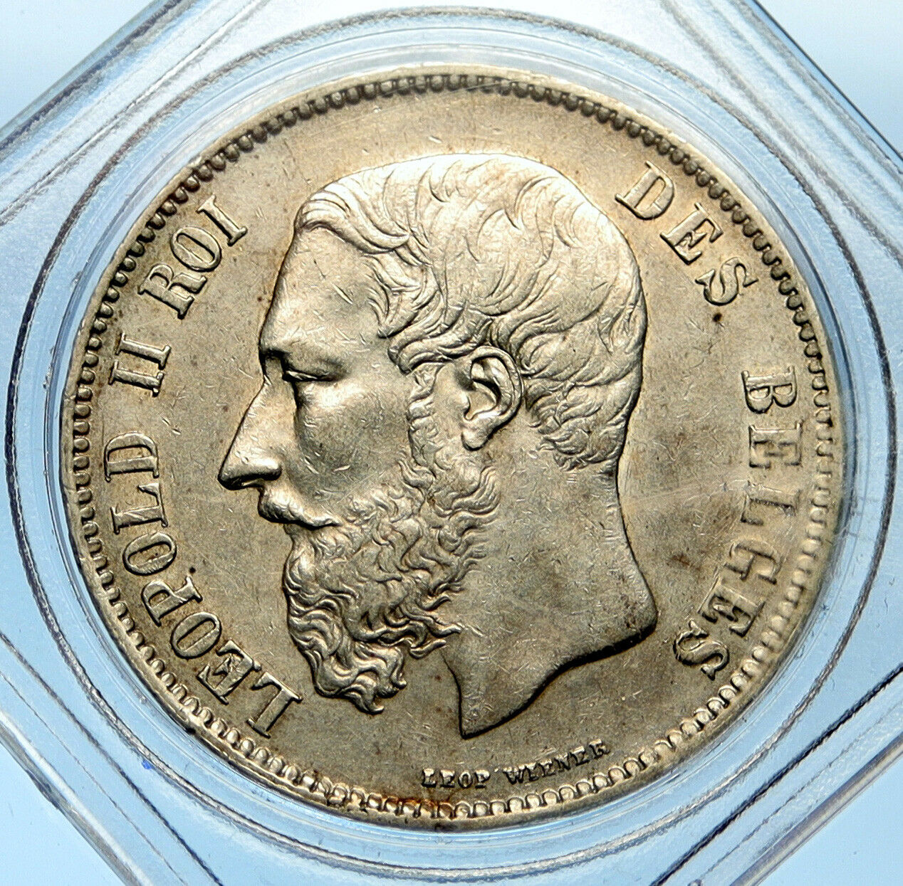 1870 BELGIUM with King LEOPOLD II and LION Genuine Silver 5 Francs Coin i99699