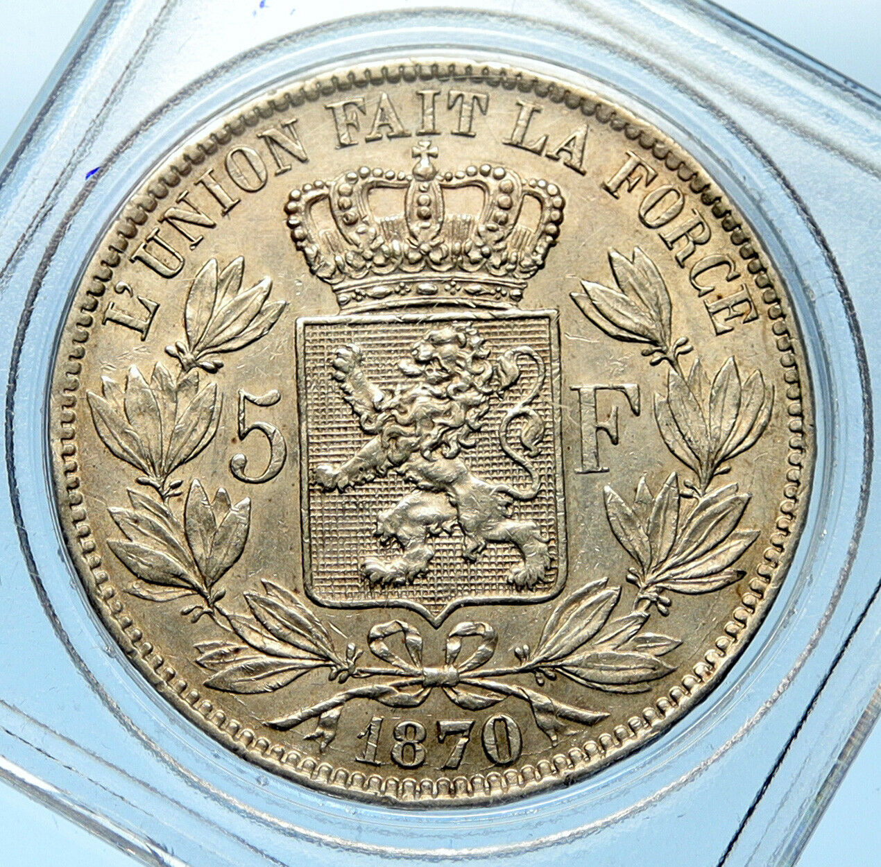 1870 BELGIUM with King LEOPOLD II and LION Genuine Silver 5 Francs Coin i99699