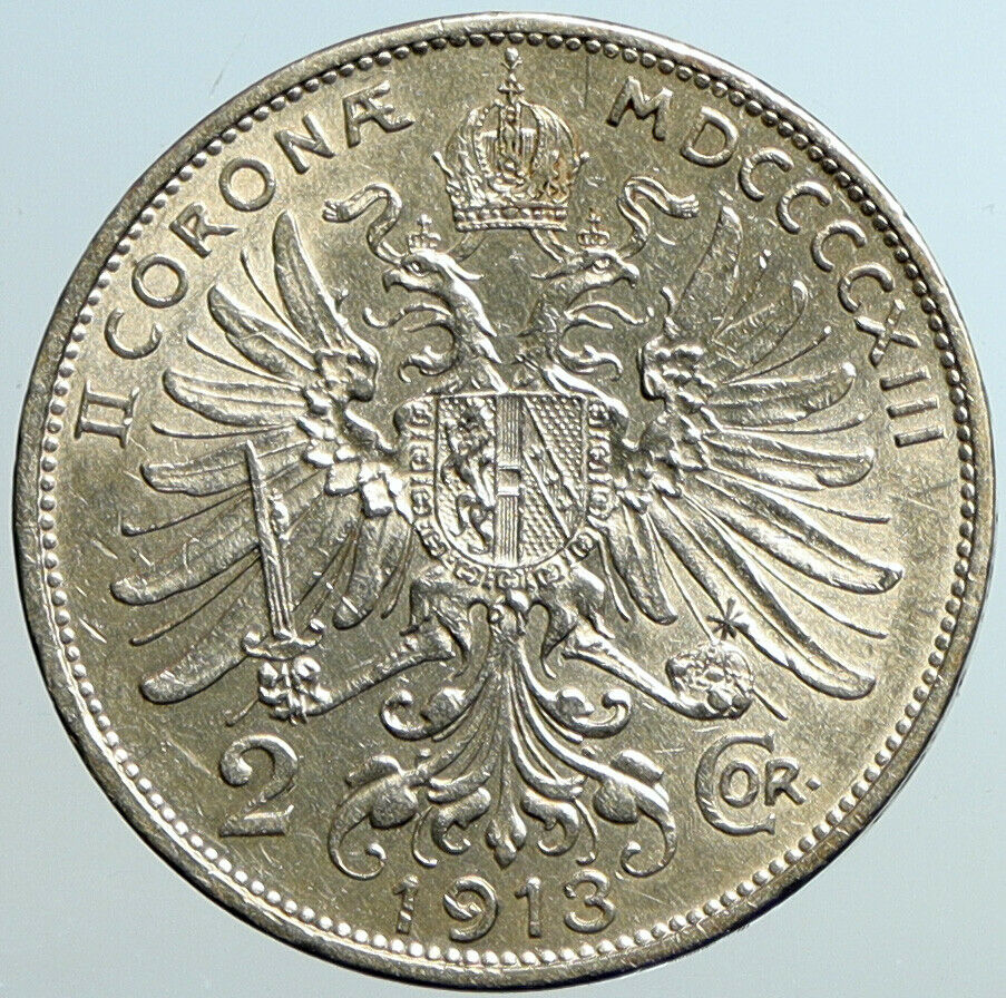 1913 AUSTRIA KING FRANZ JOSEPH I Eagle Antique OLD Silver 2 Corona Coin i101601