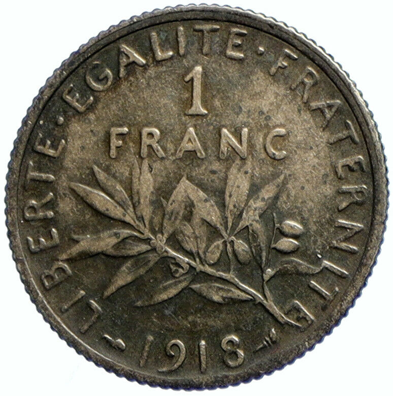 1918 FRANCE La Semeuse Sower Woman ANTIQUE Silver 1 Franc French Coin i101710