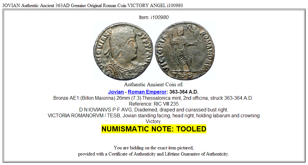 JOVIAN Authentic Ancient 363AD Genuine Original Roman Coin VICTORY ANGEL i100980