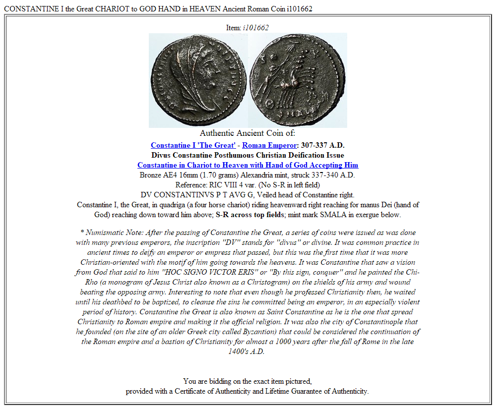 CONSTANTINE I the Great CHARIOT to GOD HAND in HEAVEN Ancient Roman Coin i101662
