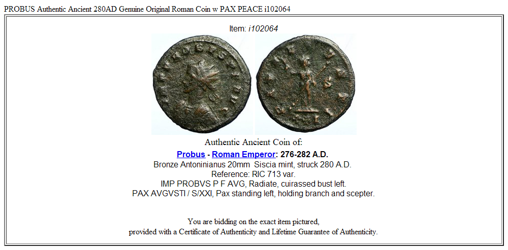 PROBUS Authentic Ancient 280AD Genuine Original Roman Coin w PAX PEACE i102064