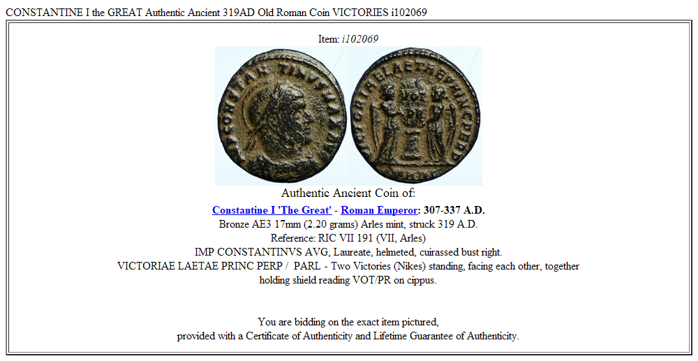 CONSTANTINE I the GREAT Authentic Ancient 319AD Old Roman Coin VICTORIES i102069