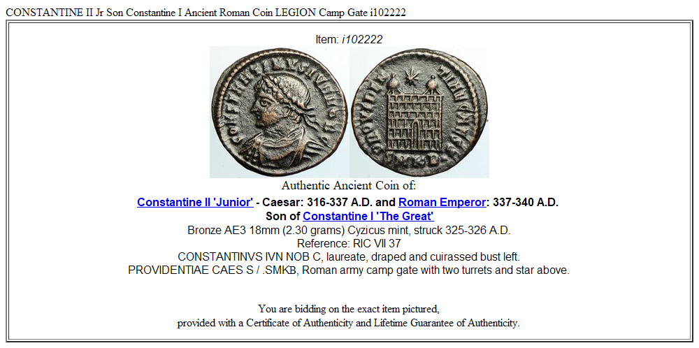 CONSTANTINE II Jr Son Constantine I Ancient Roman Coin LEGION Camp Gate i102222