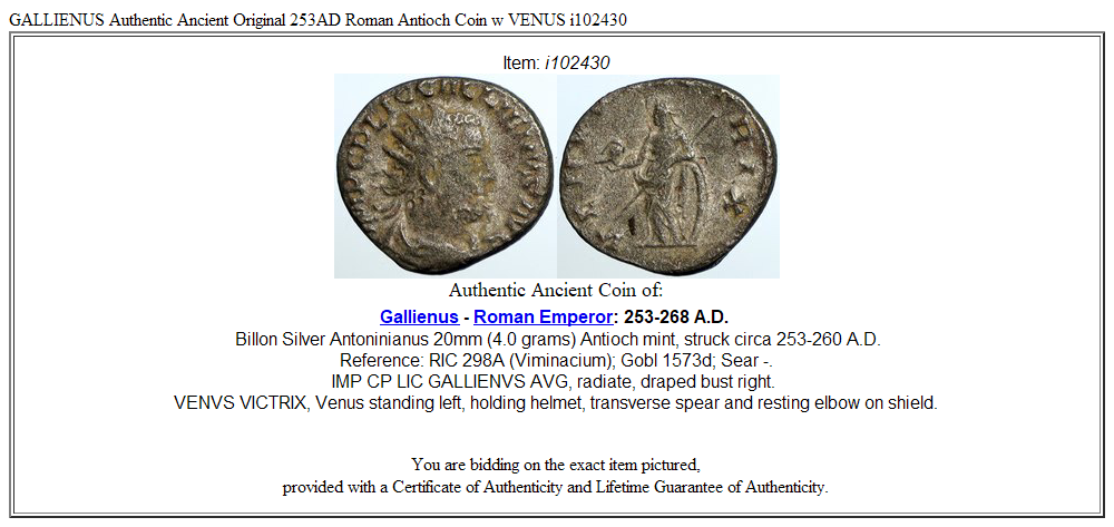 GALLIENUS Authentic Ancient Original 253AD Roman Antioch Coin w VENUS i102430