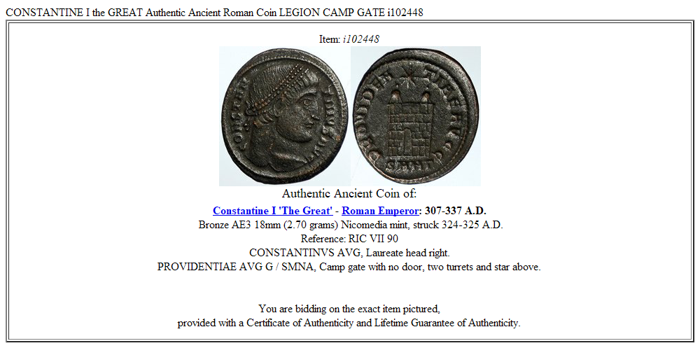 CONSTANTINE I the GREAT Authentic Ancient Roman Coin LEGION CAMP GATE i102448