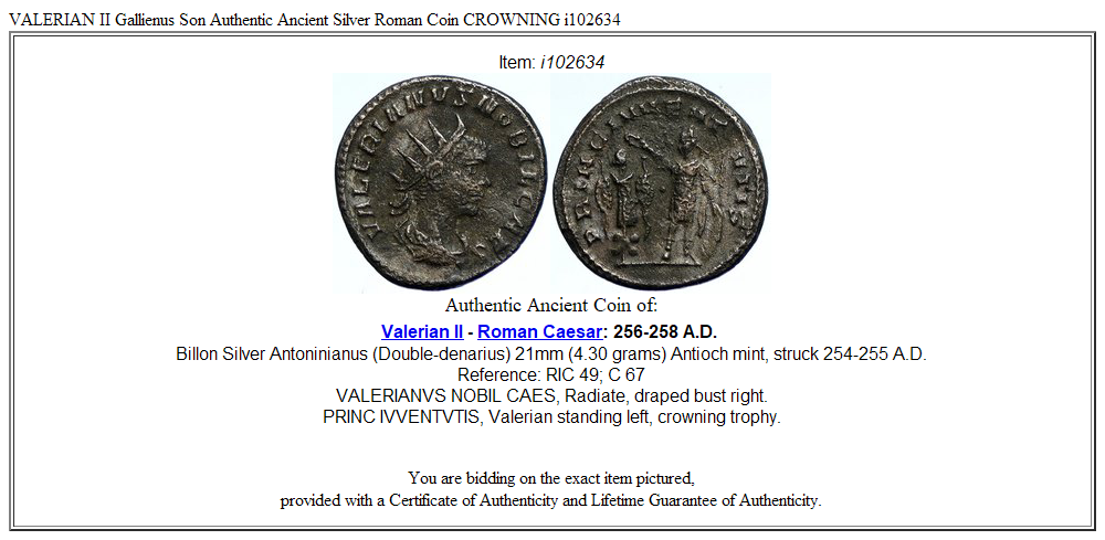 VALERIAN II Gallienus Son Authentic Ancient Silver Roman Coin CROWNING i102634