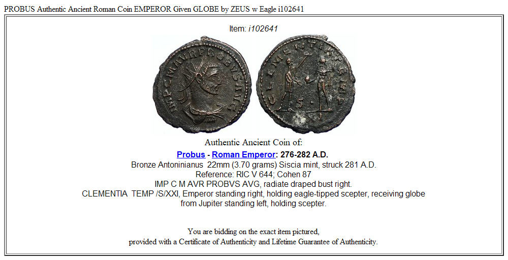 PROBUS Authentic Ancient Roman Coin EMPEROR Given GLOBE by ZEUS w Eagle i102641