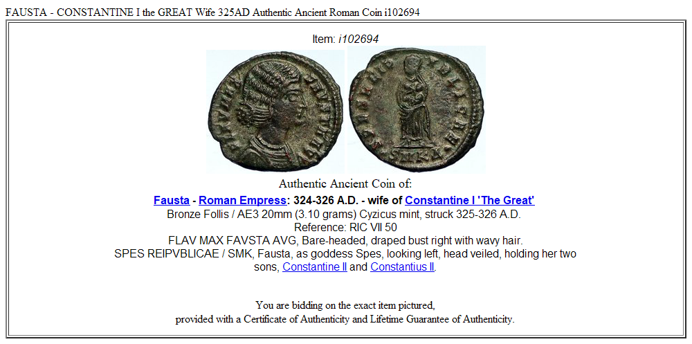 FAUSTA - CONSTANTINE I the GREAT Wife 325AD Authentic Ancient Roman Coin i102694