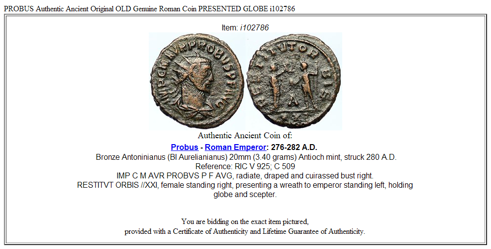 PROBUS Authentic Ancient Original OLD Genuine Roman Coin PRESENTED GLOBE i102786