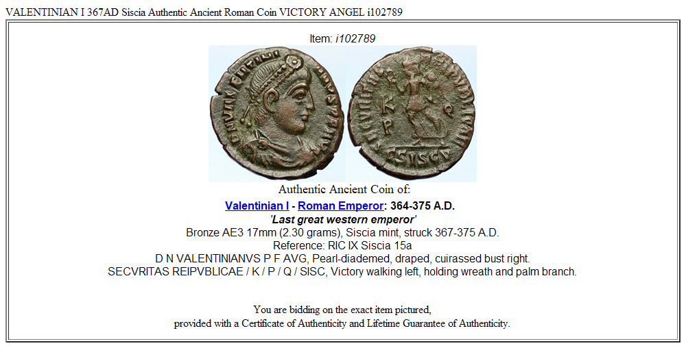 VALENTINIAN I 367AD Siscia Authentic Ancient Roman Coin VICTORY ANGEL i102789