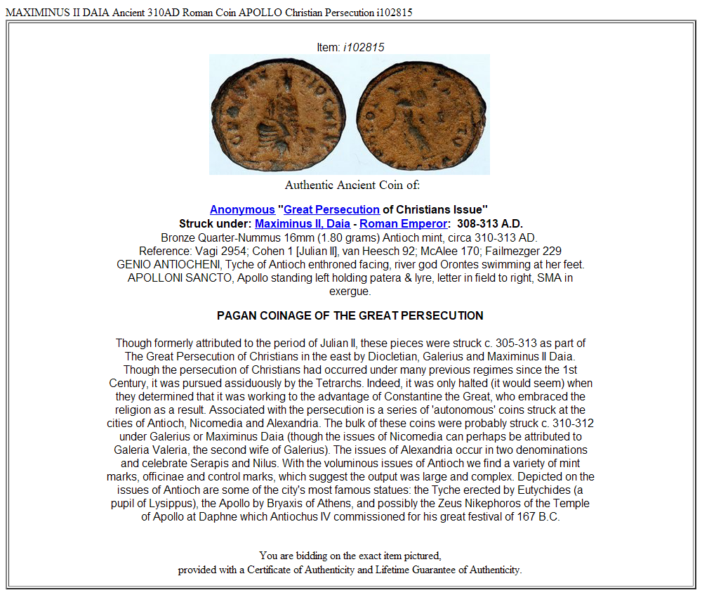 MAXIMINUS II DAIA Ancient 310AD Roman Coin APOLLO Christian Persecution i102815