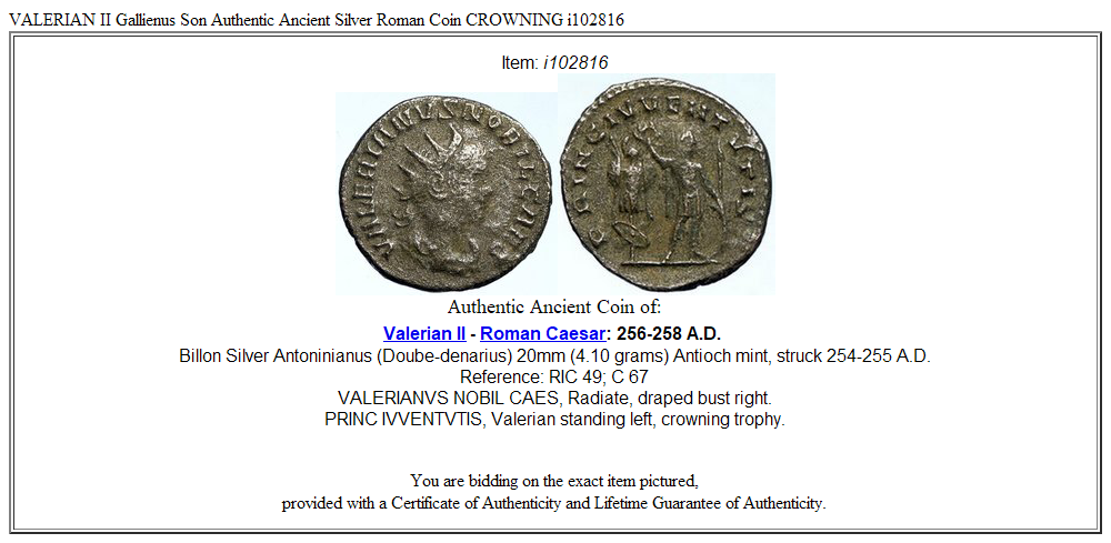 VALERIAN II Gallienus Son Authentic Ancient Silver Roman Coin CROWNING i102816