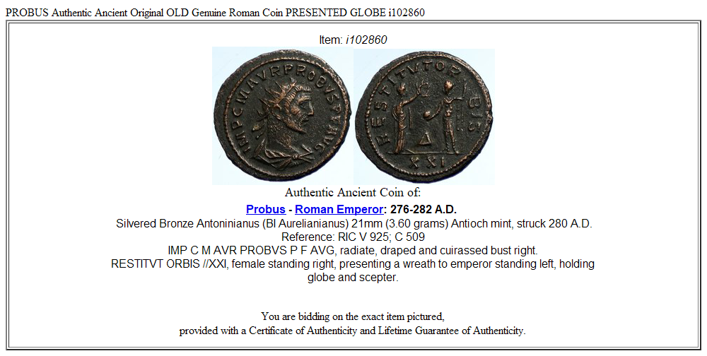 PROBUS Authentic Ancient Original OLD Genuine Roman Coin PRESENTED GLOBE i102860