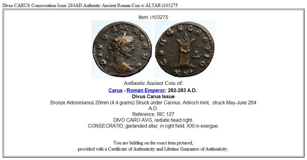 Divus CARUS Consecration Issue 284AD Authentic Ancient Roman Con w ALTAR i103275