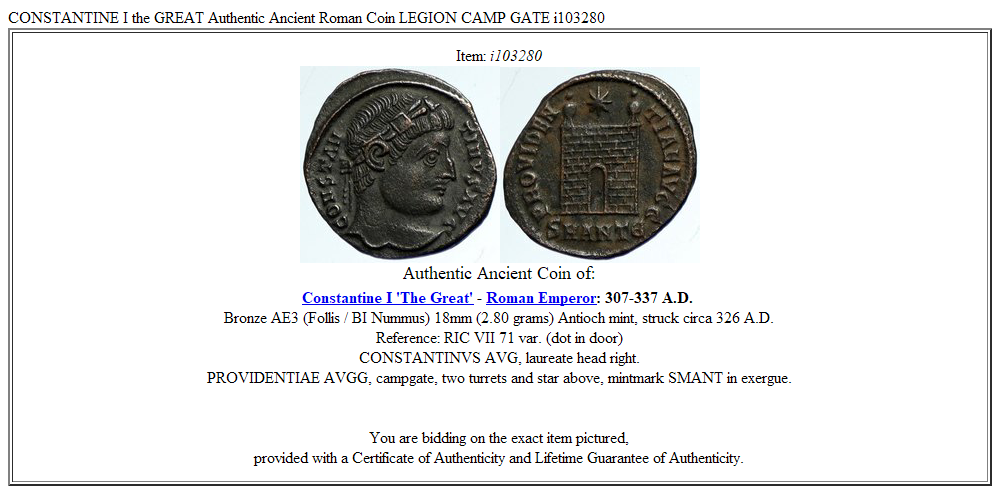 CONSTANTINE I the GREAT Authentic Ancient Roman Coin LEGION CAMP GATE i103280