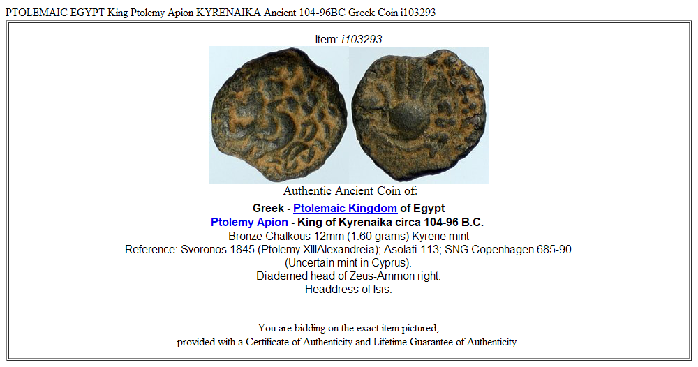 PTOLEMAIC EGYPT King Ptolemy Apion KYRENAIKA Ancient 104-96BC Greek Coin i103293