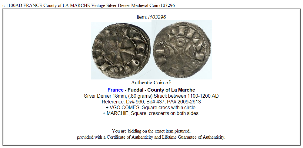 c.1100AD FRANCE County of LA MARCHE Vintage Silver Denier Medieval Coin i103296