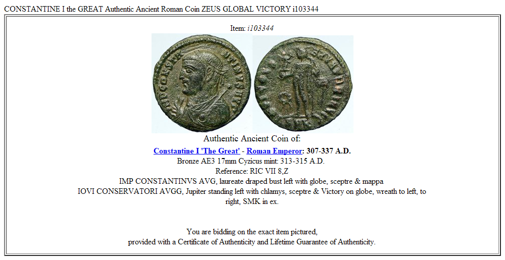 CONSTANTINE I the GREAT Authentic Ancient Roman Coin ZEUS GLOBAL VICTORY i103344
