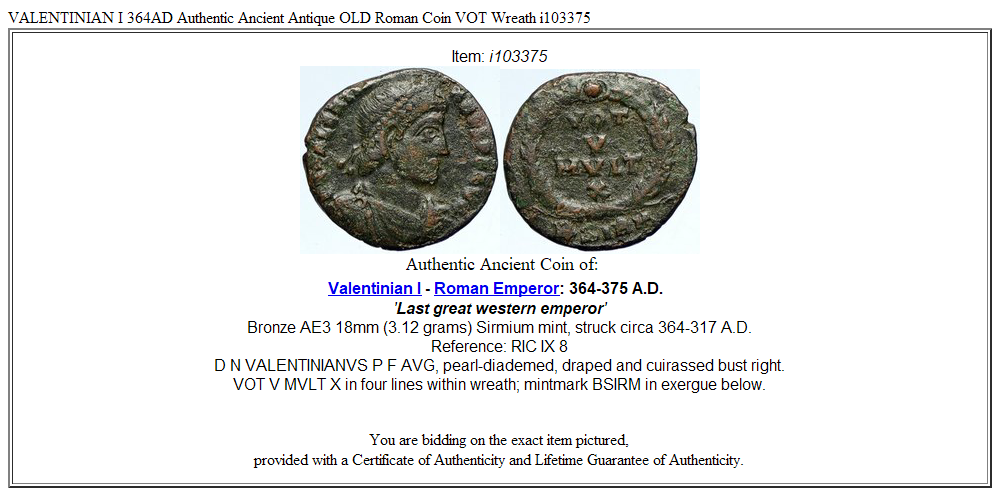 VALENTINIAN I 364AD Authentic Ancient Antique OLD Roman Coin VOT Wreath i103375