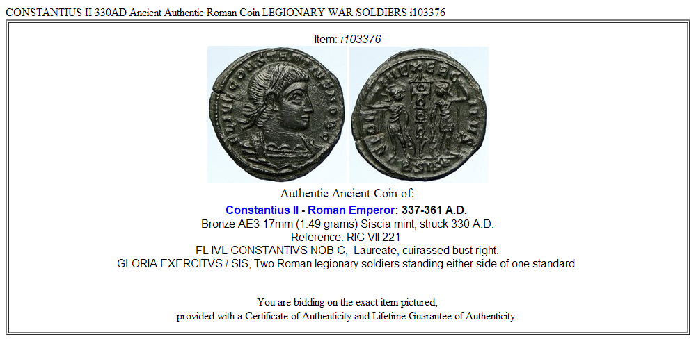CONSTANTIUS II 330AD Ancient Authentic Roman Coin LEGIONARY WAR SOLDIERS i103376