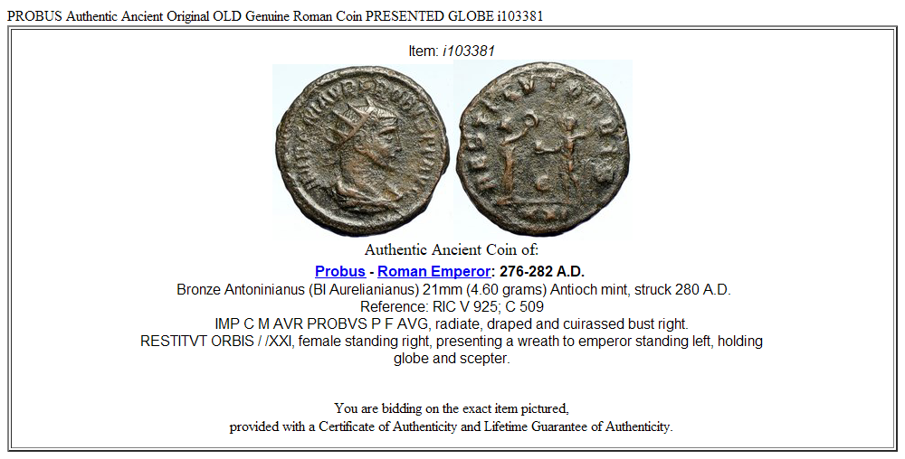 PROBUS Authentic Ancient Original OLD Genuine Roman Coin PRESENTED GLOBE i103381