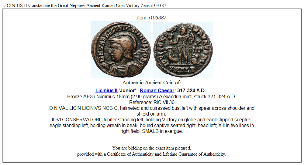 LICINIUS II Constantine the Great Nephew Ancient Roman Coin Victory Zeus i103387