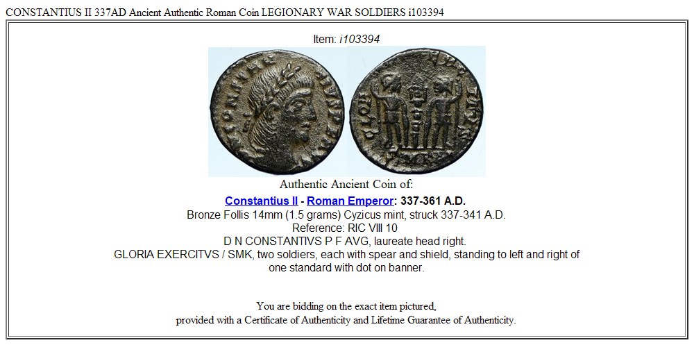 CONSTANTIUS II 337AD Ancient Authentic Roman Coin LEGIONARY WAR SOLDIERS i103394