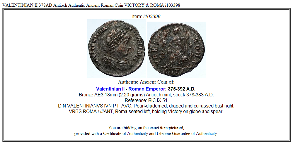 VALENTINIAN II 378AD Antioch Authentic Ancient Roman Coin VICTORY & ROMA i103398