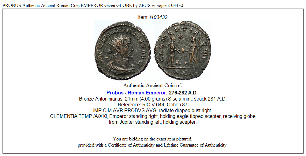 PROBUS Authentic Ancient Roman Coin EMPEROR Given GLOBE by ZEUS w Eagle i103432