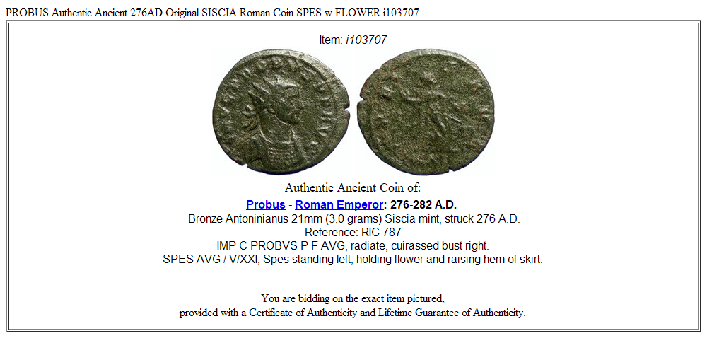 PROBUS Authentic Ancient 276AD Original SISCIA Roman Coin SPES w FLOWER i103707