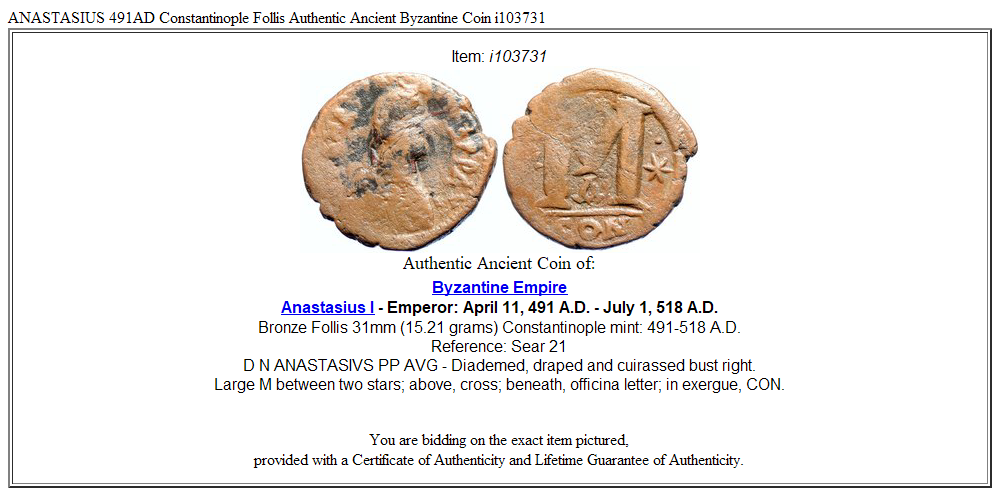 ANASTASIUS 491AD Constantinople Follis Authentic Ancient Byzantine Coin i103731