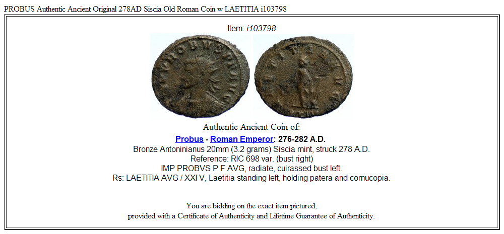 PROBUS Authentic Ancient Original 278AD Siscia Old Roman Coin w LAETITIA i103798