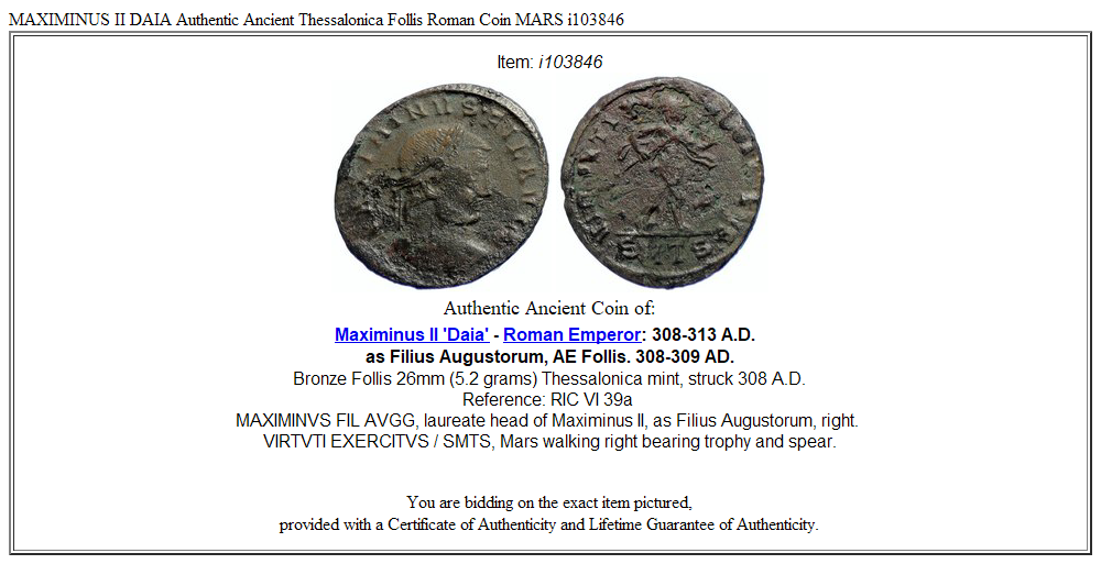 MAXIMINUS II DAIA Authentic Ancient Thessalonica Follis Roman Coin MARS i103846