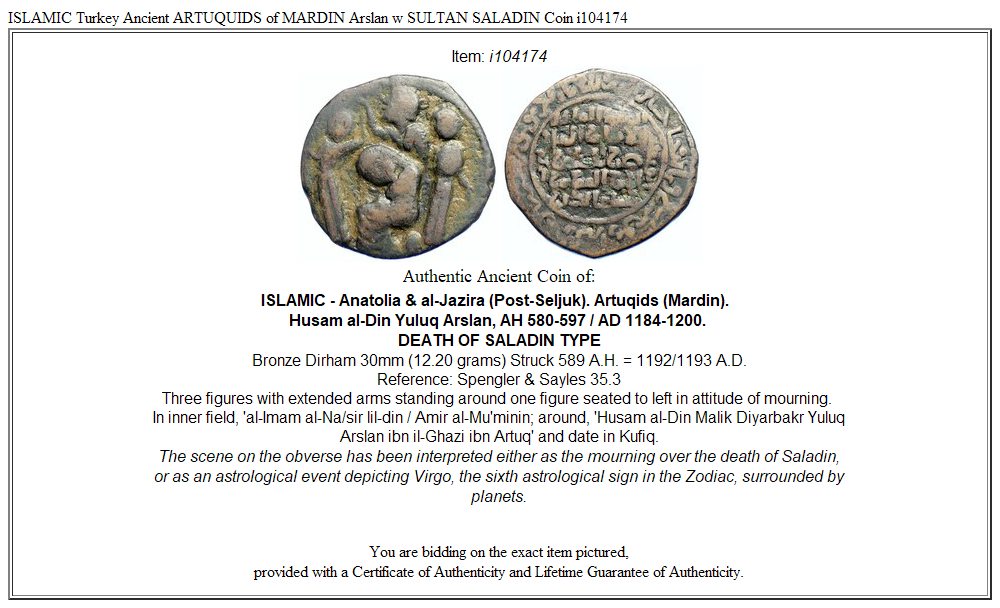 ISLAMIC Turkey Ancient ARTUQUIDS of MARDIN Arslan w SULTAN SALADIN Coin i104174