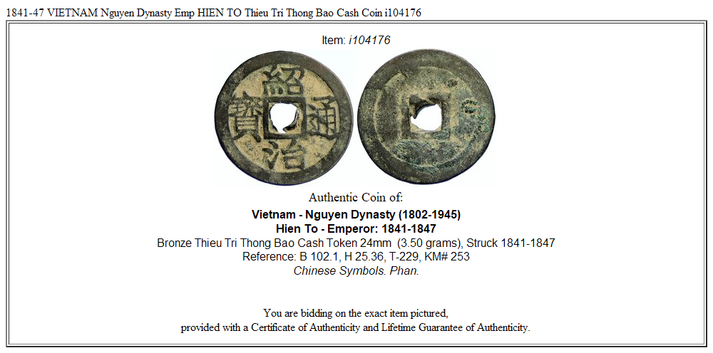 1841-47 VIETNAM Nguyen Dynasty Emp HIEN TO Thieu Tri Thong Bao Cash Coin i104176