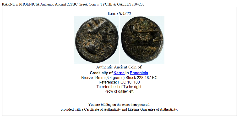 KARNE in PHOENICIA Authentic Ancient 228BC Greek Coin w TYCHE & GALLEY i104233