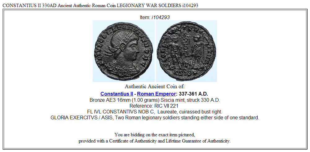 CONSTANTIUS II 330AD Ancient Authentic Roman Coin LEGIONARY WAR SOLDIERS i104293