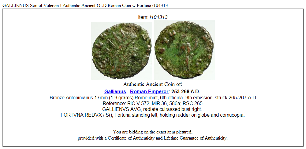 GALLIENUS Son of Valerian I Authentic Ancient OLD Roman Coin w Fortuna i104313